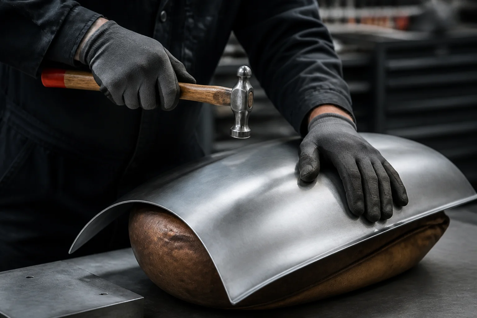 Karosseriebauer formt ein Aluminiumblech von Hand